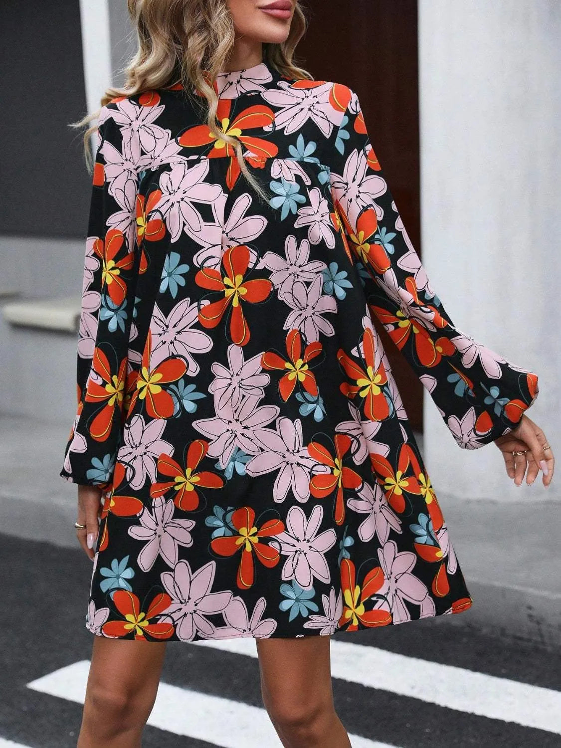 Floral Mock Neck Balloon Sleeve Dress Black Casual Dresses - Tophatter Daily Deals